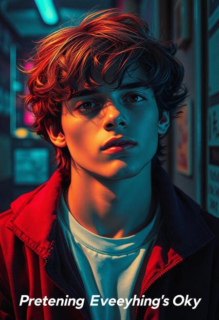 high quality design aesthetics, synth pop, nostalgic,  detailed, synth pop album cover, dynamic, colourful, uptempo track, melancholic, young white man, artist name "MUSAIC",  melancholic, album title "Pretending Everything's Okay"