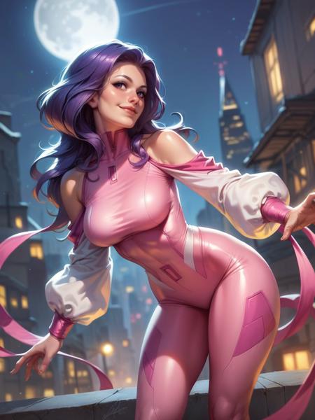 score_9, score_8_up, score_7_up, 1girl, leaning forward, sexy pose, cowboy shot, (dynamic pose:1.1), dynamic angle, light smile, v, city, night, moon,,
<lora:APsylockePink_character:0.8>, PsylockeXL, purple hair, purple eyes, long hair, clothing cutout, shoulder cutout, detached sleeves, pink bodysuit, makeup, bodysuit, <lora:Realistic_2.5DAnime_Merge1:0.6>