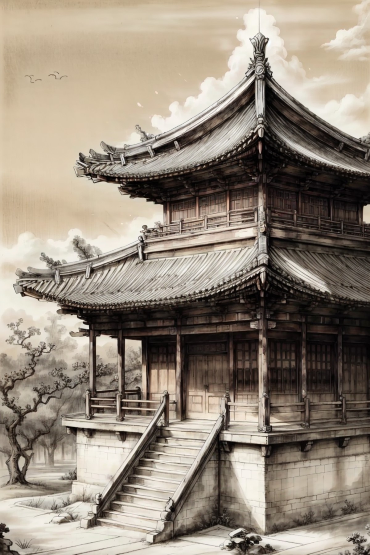 (masterpiece:0.9),best quality,
gongbiv,gongbi painting,architecture,east asian architecture,no humans,scenery,stairs,buil...