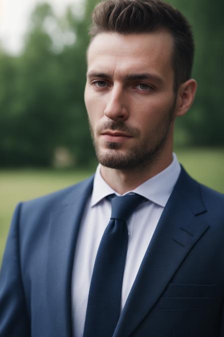 a close-up photo of a European man wearing a suit, outdoors, depth of field