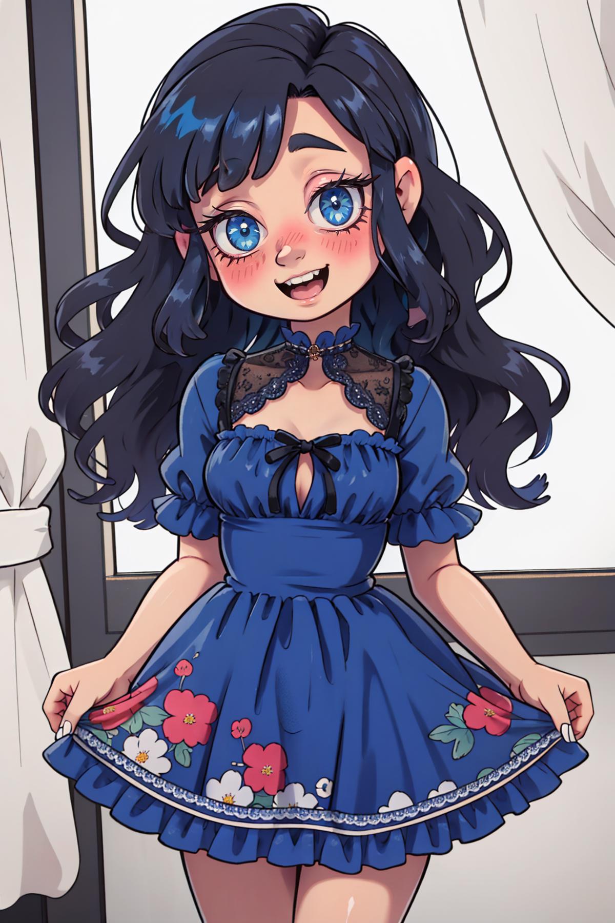 A cartoon character in a blue dress with flowers on it.