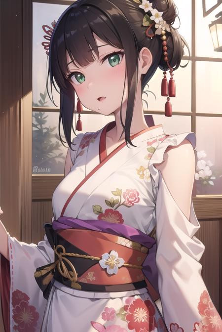 diakurosawa, <lora:diakurosawa:1>, dia kurosawa, black hair, (green eyes:1.5), blunt bangs, grey skirt, hair ornament, hairclip, mole, mole under mouth, (small breast:1.2),
BREAK collarbone, floral background, floral print, frilled sleeves, frills, hair bun, hair ornament, hair stick, hair tubes, headpiece, japanese clothes, kimono, my mai tonight, obi, sash, sidelocks, single hair bun,
BREAK looking at viewer,
BREAK indoors, classroom,
BREAK <lyco:GoodHands-beta2:1>, (masterpiece:1.2), best quality, high resolution, unity 8k wallpaper, (illustration:0.8), (beautiful detailed eyes:1.6), extremely detailed face, perfect lighting, extremely detailed CG, (perfect hands, perfect anatomy),