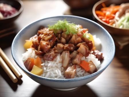 raw photo,A high-resolution, hyper-realistic image of a bowl of delicious Robabon, a popular dish in Asian cuisine. The Robabon is cooked to perfection, with a sticky and thick texture. It's topped with a variety of colorful vegetables and meat, creating a vibrant and appetizing display. The bowl is placed on a rustic wooden table, with a pair of chopsticks resting on the side. The scene is set in a homey kitchen environment, with all elements in sharp focus, creating a clear and detailed image. The lighting should be natural and soft, highlighting the appetizing qualities of the Robabon and the cozy atmosphere of the setting,  <lora:robabon:0.7>,robabon