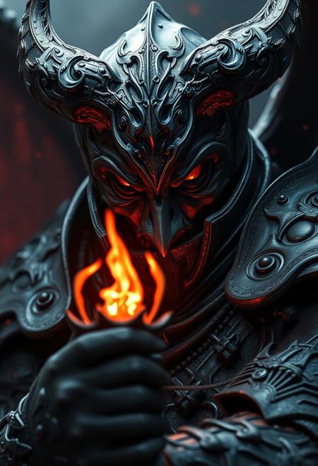 the very definition of darkness made flesh into this character, male, armored, evil, demonic eyes, demonic presence, necromancer, leech, high quality render, highly detailed combat armor, his infernal presence fills the scene, close up, horror, terror, cursed, demon,  detailed mortal staff, very detailed, ultra realistic, (best quality) very detailed masterpiece, the damned executioner, consumed by darkness,