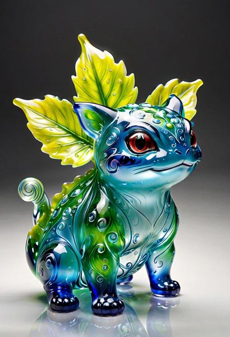 a bulbasaur made of colorful Murano glass, translucent glass body with intricate swirling patterns, glowing leaf bulb with vibrant reflections, fantasy style, high realism, soft studio lighting, detailed craftsmanship, glass sculpture effect
, murano_glass_style