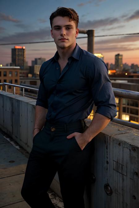 RAW Photo, medium shot of man levi_conely posing on an urban rooftop with a gritty, industrial feel, with a backdrop of a cityscape at dusk wearing a fitted, deep navy blue button-down shirt <lora:levi_conely-06:0.75>, photo taken by Bruce Weber, soft, golden-hour lighting with warm, flattering tones