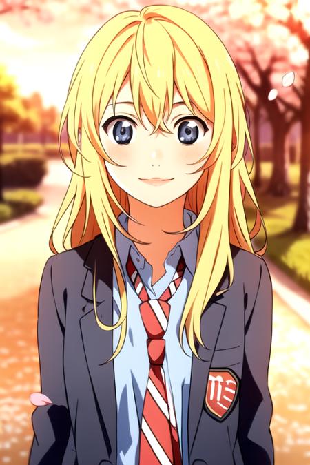 masterpiece, highres, 1girl,,    <lora:KaoriMiyazonoR4:0.7>,KaoriMiyazonoR4,blue eyes,, blonde hair,blurry,blurry background,cherry blossoms,cloud,collared shirt,depth of field,evening,jacket,looking at viewer,necktie,orange sky,outdoors,petals,red necktie,red sky,school uniform,shirt,sky,smile,solo,striped,striped necktie,sun,sunset,tree,twilight,white shirt,