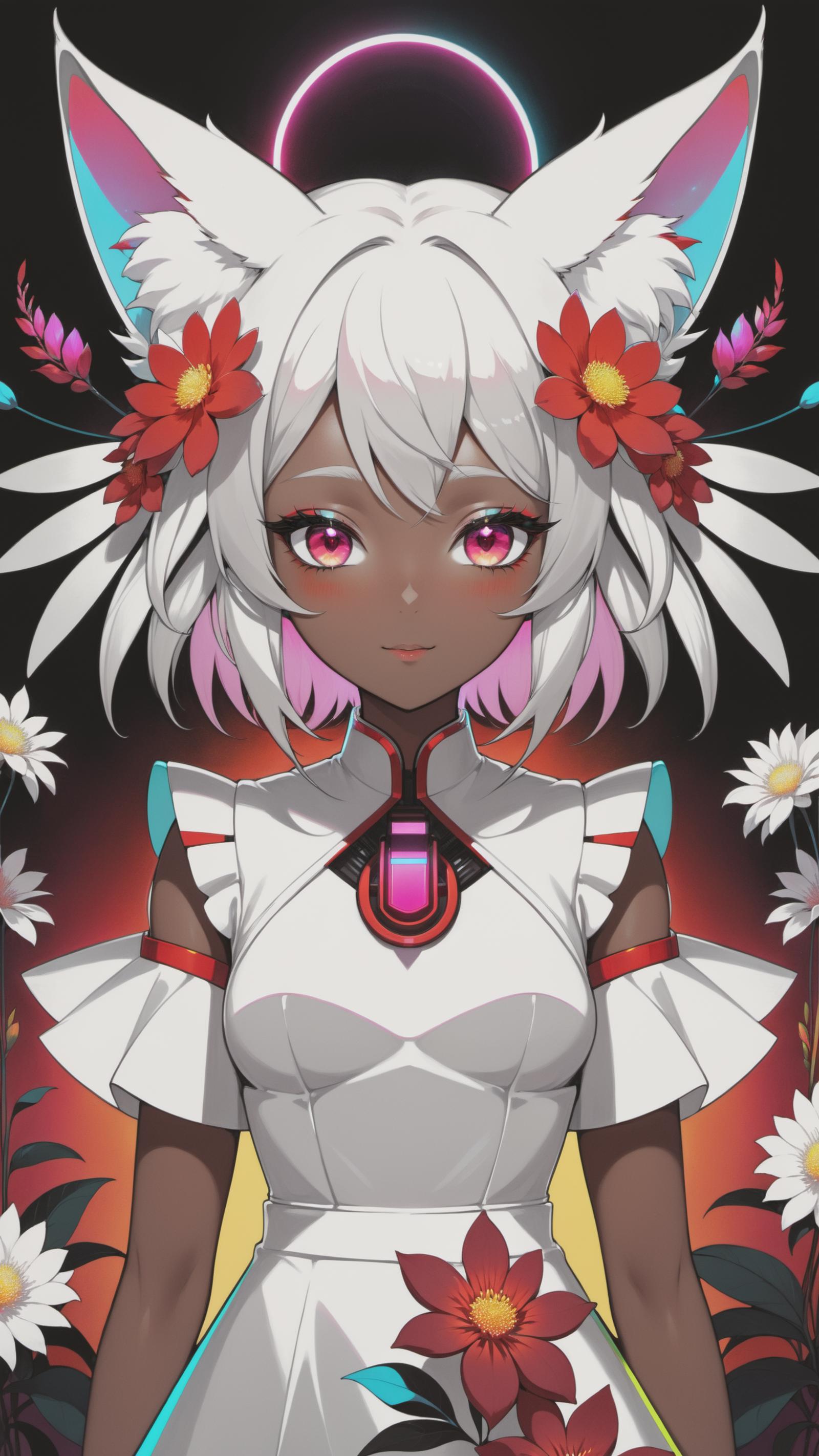 Anime Characters with White and Pink Hair, Flower Decorations, and Red Eyes.