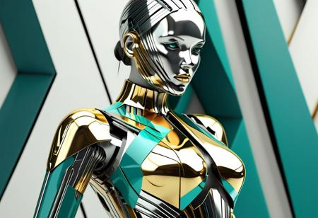 steel and  chrome beautiful female android with gold and teal angular dazzle camouflage