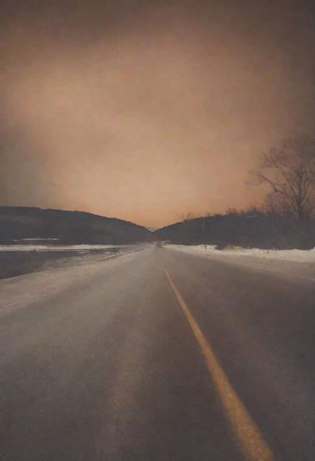 polaroid photo of a road, warm tones, perfect landscape