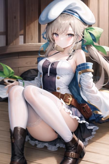 <lora:cucouroux-loha:1>
1girl, solo, cucouroux, thst, blue eyes, low twintails, blonde hair, medium breasts, (white beret), green ribbon, blue ribbon, belt, detached sleeves, pleated skirt, collarbone, bare shoulders, white jacket, white thighhighs BREAK
disgust,  ,dock,evening, upskirt