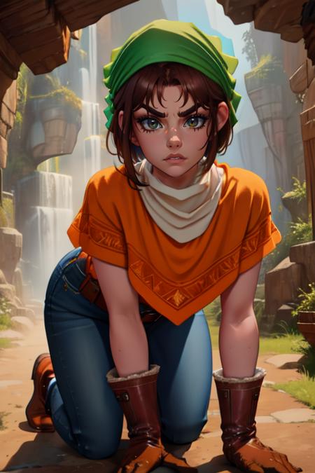 Toan,short brown hair,thick eyebrows,(Solo) , serious,    
orange poncho, denim jeans, green bandana,  white feathers, crested brown gloves, brown boots, belt,  white turtleneck,  red sash, 
dark cave, dirty, on all fours,   
 tight pants, 
(insanely detailed, beautiful detailed face, masterpiece, best quality) 
<lora:Toan-10v3:0.7>,