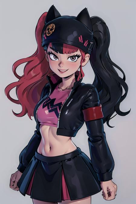 ((masterpiece,best quality)), absurdres,
<lora:Zoe_Palworld_v3:0.8>,
Zoe_Palworld, long hair, looking at viewer, smile, long sleeves, hat, jacket, black jacket, black headwear, cat hat, animal ear headwear, 
midriff, crop top, 
solo, smiling, looking at viewer, cowboy shot,