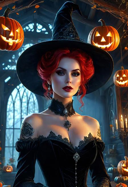 Ultra detailed digital art masterpiece, face portrait, mysterious dark Witch woman, a cute magical creature like a Witch standing in the Shack, realistic black rose, ultra detailed Witch's Mysterious Shack, in year 1880, victorian style, Halloween decorations including pumpkins, rose flower style, white marble, old dark solid wood, victorian decals, perfect lighting, elegant, Tom Bagshaw, Anne Bachelier, unreal engine 5 nanite quality, mixed with dark elements, dark environment, very dark night, clean dark velour witch clothing, dark washed out eyeliner, no make up, natural pale face, nose piercing, abstract, big shiny brown eyes, ultra detailed atmospheric details, beautiful glowing effects, sparkle effects, realistic body proportions, beautiful face proportions, complex masterpiece, wild red hair style, creative glowing detailed tattoos, complex physics, enhanced colors, complimentary colors, ultra detailed raytracing reflections, Ultra detailed complex background, environment feels alive, direct eye contact, dramatic lighting, wet and sweaty skin, beautiful firm Breasts, Concept art portrait by Greg Rutkowski