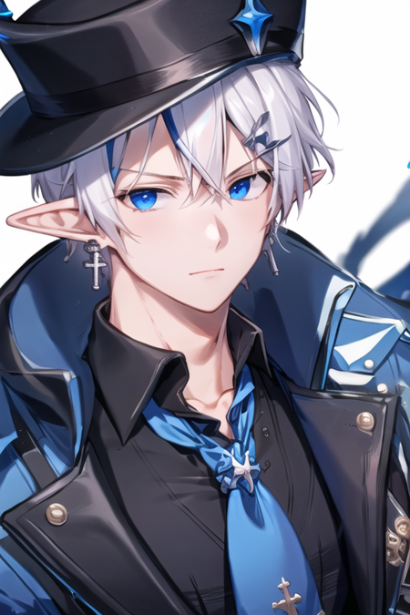 <lora:CielElsword-09:0.7>, ciel, solo, looking at viewer, blue eyes, shirt, hair ornament, gloves, 1boy, hat, white background, jewelry, upper body, white hair, male focus, earrings, necktie, horns, pointy ears, black gloves, hairclip, collared shirt, artist name, coat, black shirt, cross, crown, demon horns, blue headwear, blue necktie, cross earrings, blue horns