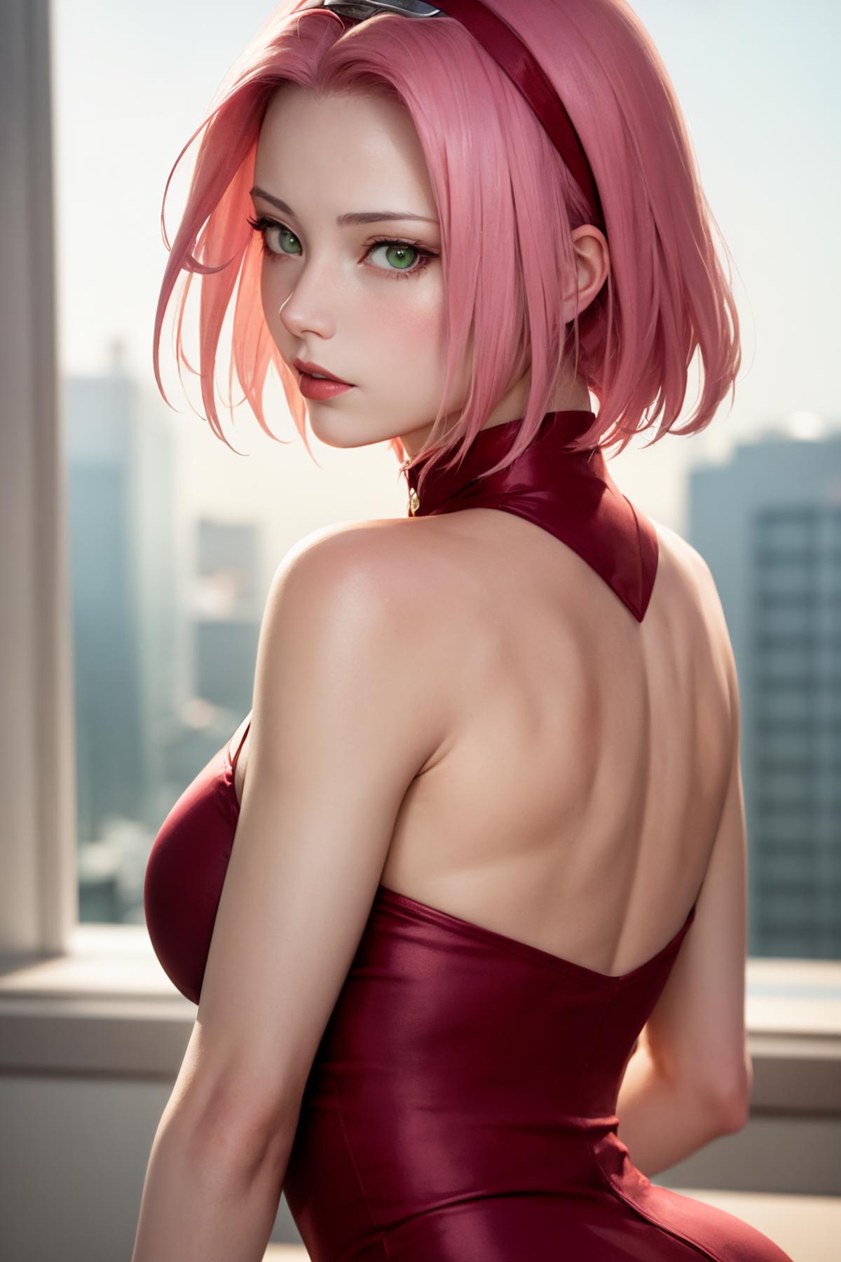 (masterpiece:1.2, best quality), 
1girl,solo, 
large breasts, upper body, headband,
pink hair, short hair, green eyes, lip...