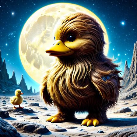 A colorblind bright yellow duck over in Wookiee Hair, standing near a bear in the moon surface, 
score_9, score_8_up, score_8_up, masterpiece,super detailed face, super high resolution, FaceDetail, masterpiece-level, highly detailed, intricate details, detailed background, complex background, cinematic, intricately detailed illustration, depth of field, masterpiece, best quality, amazing quality, very aesthetic, absurdres, newest, very awa, shadow, dynamic angle,