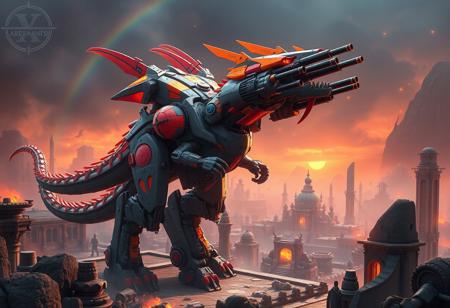 epic details Intricate mecha robot inspired by Hot Red Dragon Archfiend Abyss, gray with vibrant orange and blue accents, long neck, tail, dinosaur-like silhouette, heavily armed with multiple cannons, standing in dynamic pose amidst Ancient City - Rainbow Ruins. Isometric view, captivating lighting, cinematic atmosphere. Trending on Artstation, CGSociety, 4K, Octane render, Unreal Engine 5, beautiful matte painting, intricate detail, sharp lines, illustrated by Greg Rutkowski, Robert Horn, Filip Hodas.