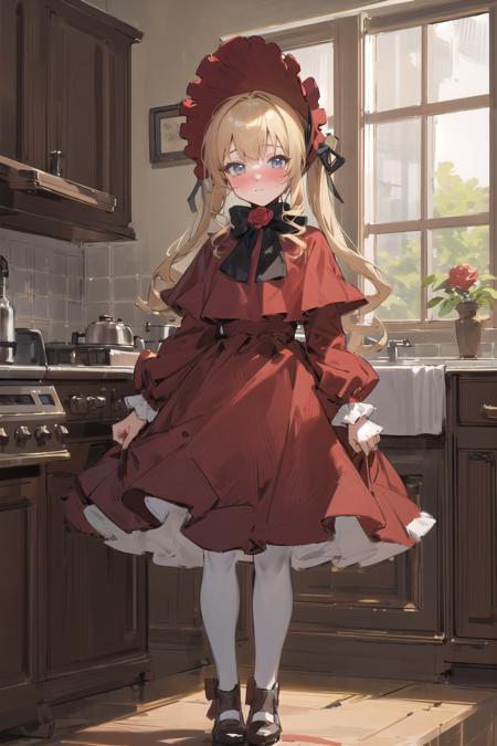 (masterpiece,best quality, detailed), indoors, kitchen, looking at viewer, 1girl, solo, full body, standing, cowboy shot, blush, nose blush,
original outfit, 1girl, solo, dress, bonnet, flower, red dress, looking at viewer, rose, white pantyhose <lora:shinku-pynoise:1>