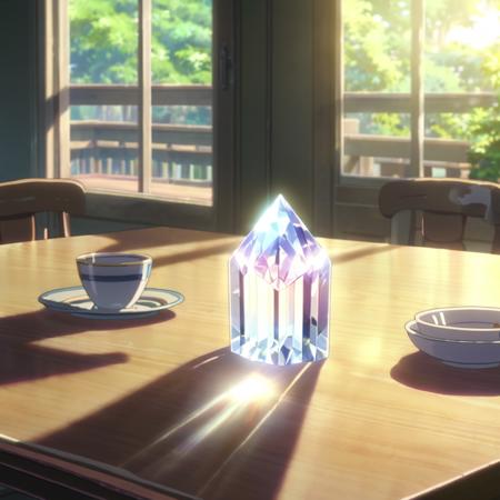 high-quality 4k hd anime screencap in mnst artstyle of a transparent crystal through which a ray of light shines on a table