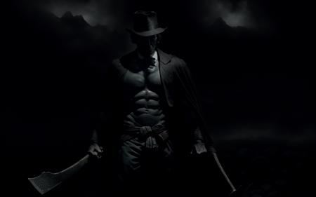 badass shirtless Abraham Lincoln wielding an axe, darkness, foggy+, wide epic composition, dark+ ominous+ cinematic wallpaper, raytraced volumetric lighting, shaded face, hat, cape, full body