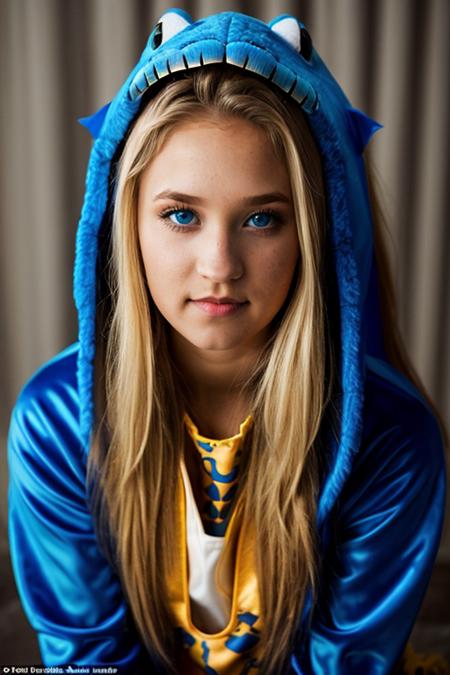wearing a dinosaur costume <lora:Emily_Osment:1> e1873o, 1girl, solo, long_hair, blue_eyes, blonde_hair