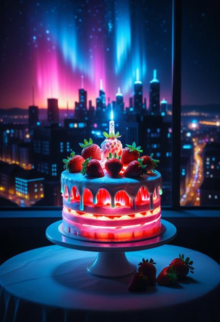8k analog photo, unmanned, jaynl-tm, a whole cake made of aurora, whipcream, strawberry, glow of bioluminescent elements and magical light, on table, night city scape from window blurry background, electricity,
