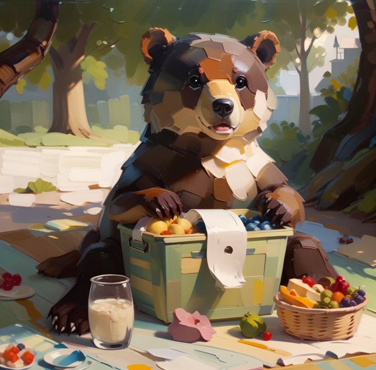 <lora:impasto painting:1>impasto painting, paint,  bear on a picnic