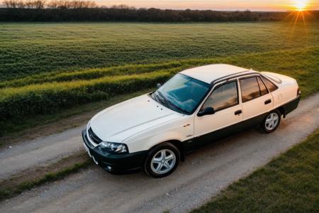 NEXIA red body with white racing stripe, aerial view from a drone, parked in front of an abandoned red barn near a sprawling corn field, masterpiece, award winning, hyper realistic, natural lighting, sunset:1.0, muted colors, sharp focus, smooth, intricate details, 8k wallpaper, trending on artstation
 <lora:NEXIA:1>