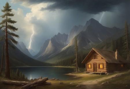 Masterpiece, high-resolution, oil painting, tall mountains, pine forest, log cabin, lake, large thunderstorm clouds in the distance