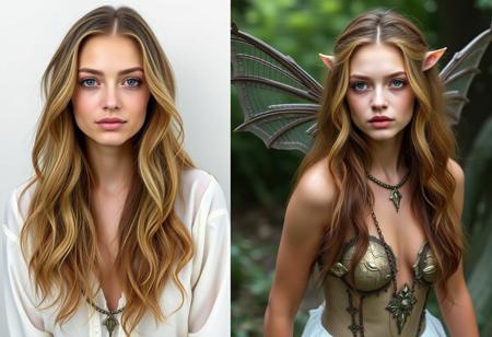 Two photos a sequential before/after series, showing the magical transformation of a plain modern woman into a fantasy nymph, recognizable