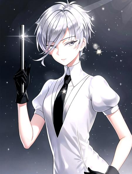 masterpiece, 8k uhd, absurdres, gorgeous girl, skinny, flat chest, very short grey hair, glare, (sparkling hair,:1.1) short black gloves, white suit, black tie, sunny day, winter <lora:Antarcticite_V3:0.8>