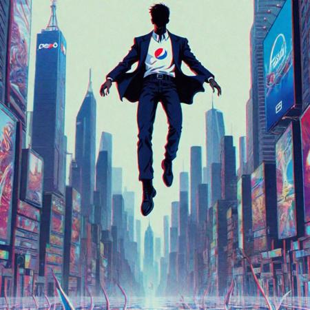 A pepsi commercial, a man walking through a bright futuristic city, masterful composition with perfect clean linework
