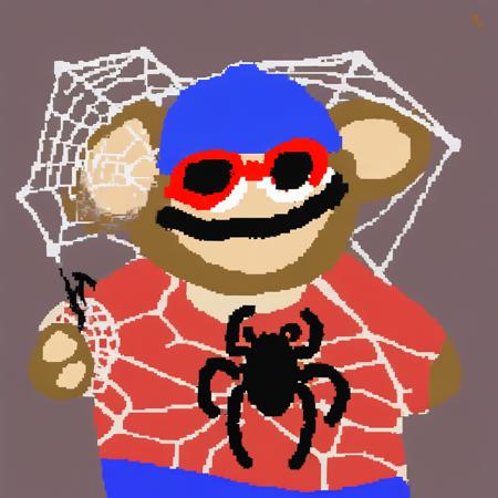 (opiumpup:2.0) dressed up as spiderman, holding a spider web,  <lora:OPIUMPUP:1>