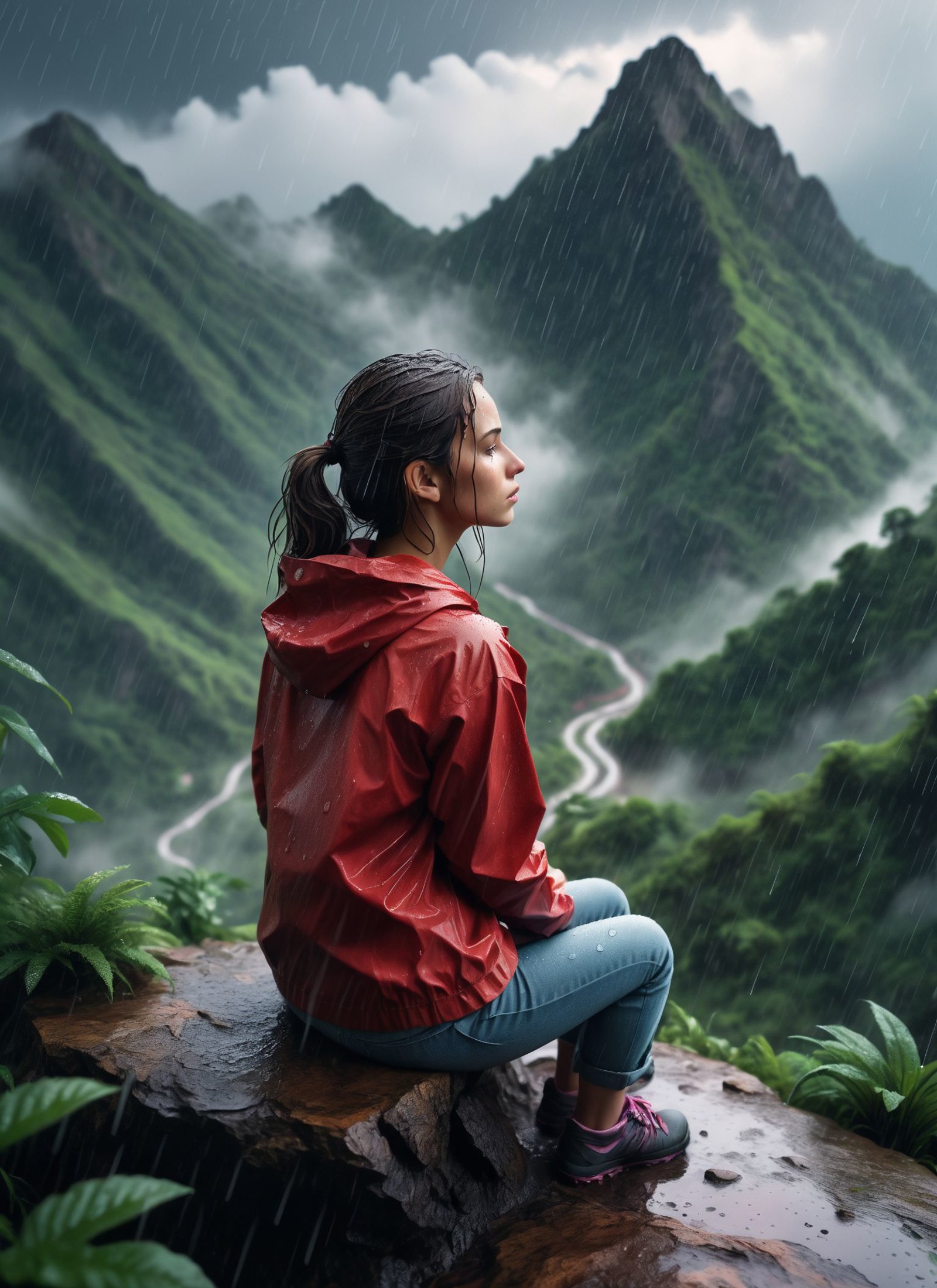 High-angle Realistic 8K raw photography, (Girl sitting in rain on mountain peak:1.2), Balanced composition, Rain-soaked fi...