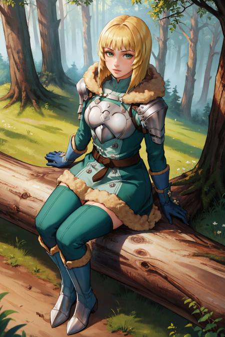 masterpiece, best quality,  <lora:ingrid-nvwls-v2-000009:0.9> hopesingrid, medium hair, bob cut, bangs, shoulder armor, breastplate, green coat, fur trim, gauntlets, blue gloves, belt, green boots, sitting, from above, forest, fallen log, looking at viewer