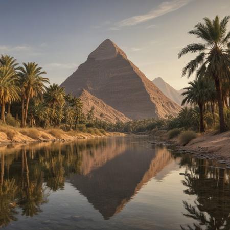 (masterpiece:1.2), (best quality,:1.2), 8k, HDR, ultra detailed, ((photorealistic)), professional light, cinematic lighting, ambient lighting,<lora:detail_slider_v4:2>, OverallDetail, palms, mountains, desert, (river), one pyramid,  Stygia, <lora:Stygia-10:1>, epiCPhoto