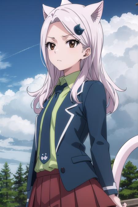 fairy tail carla, long hair, hair ornament, animal ears, (brown eyes:1.5), white hair, cat ears, skirt, school uniform, jacket, tail, necktie, red skirt, shirt, green shirt, collared shirt, long sleeves, swimsuit, one-piece swimsuit, school swimsuit, black one-piece swimsuit, tail ornament, dress, pantyhose, black dress, black pantyhose, frills, bare shoulders, collarbone,