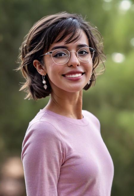1girl, intense bokeh, HD, 4k, brown eyes, perfecteyes, detailed, textured, hyper realistic, vibrant, full body, profile picture, SkinHairDetail, wearing glasses, portrait, looking at viewer, smile