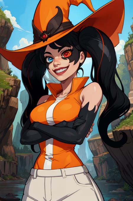 orendi, heterochromia, black hair, twintails,   black eye, red eye, extra arms, 4 arms, 
orange and white top, sleeveless, orange pants, large hat,  dark arms,  black arms, 
smile, teeth, 
upper body,  upperbody, standing, 
outdoors,  cave, dark magic, 
(insanely detailed, beautiful detailed face, masterpiece, best quality)
 <lora:orendi-10:0.7>