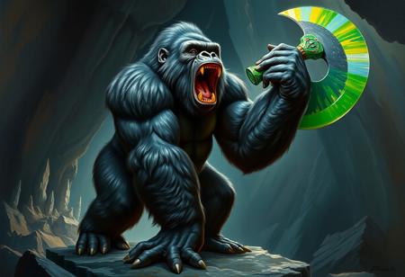 A majestic black Gorilla of the Fire Fist, rendered with rich, textured oil brush strokes in a detailed oil on canvas painting style reminiscent of Raphael, stands regally on its hind legs. Its powerful form is illuminated by dramatic lighting, possibly chiaroscuro. Its face, a masterpiece of detail showing a visceral roar, mouth wide open, is the intentional focus. A striking green axe, painted with vibrant pigments and fine detail, is held firmly in its right hand. The Ice Dragon's Prison is painted as a classical landscape, a cavern of crystalline structures with deep shadows, contrasting sharply with the subject. 4K, Exceptional Quality, More Detail, Super Detailed Face and Eyes, Handcrafted with Precision, High Quality, Sharp Lines and Brush Strokes, Stunning Colors, Harmonious Colors, Beautiful Matte Painting quality for the environment, Impeccable Composition, Creative Angle, Attractive Background, Balanced Editing, Intentional Focus, Well-timed Moment, Captivating Lighting, Raphael Style, Houdini Style (complex forms), Vivid Emotions, Beautiful Detailed Eyes, CGSociety, Artstation Trending on ArtstationHQ, Golden Ratio, Artstation hd, groundbreaking, hyperdetailed, dramatic lighting.