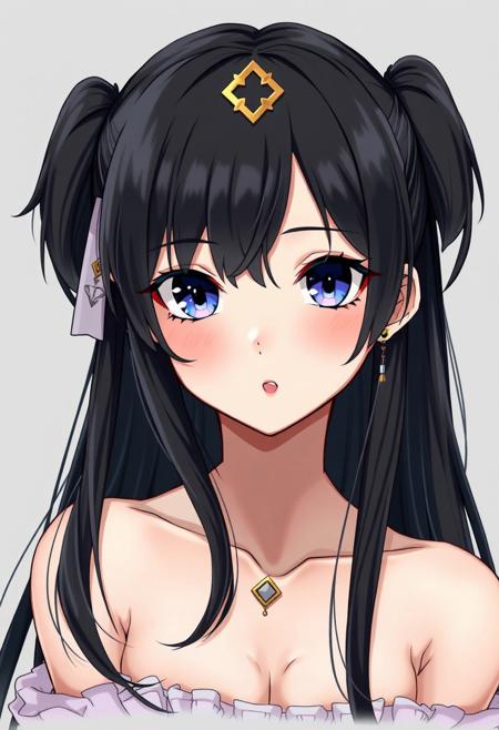 girl, long hair, looking at viewer, blue eyes, black hair, hair ornament, jewelry, bare shoulders, twintails, earrings, parted lips, teeth, grey background, photography style, hyper detailed, hyper realistic
