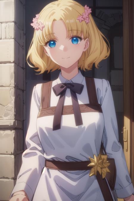 mariacampbell, <lora:maria campbell s2-lora-nochekaiser:1>,
maria campbell, short hair, blue eyes, blonde hair, hair ornament, flower, hair flower, (parted bangs:1.5), smile,
BREAK shirt, long sleeves, dress, bow, white shirt, belt, bowtie, pink dress,
BREAK indoors,
BREAK looking at viewer, (cowboy shot:1.5),
BREAK <lyco:GoodHands-beta2:1>, (masterpiece:1.2), best quality, high resolution, unity 8k wallpaper, (illustration:0.8), (beautiful detailed eyes:1.6), extremely detailed face, perfect lighting, extremely detailed CG, (perfect hands, perfect anatomy),