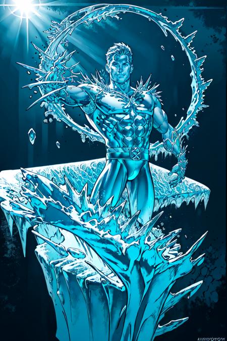 <lora:AdamHughesStyleV7:0.95>    <lora:Iceman-RLouisDrake:0.95> Robert Louis Drake, solo, smile, short hair, 1boy, closed mouth, monochrome, upper body, male focus, muscular, hero pose, muscular male, blue theme, ice statue,  intricate details, masterpiece, absurdres, best quality, realistic, Highest Quality, (diffused soft light), dramatic lighting <lora:made_of_ice:0.25>, standing on top of water freezing