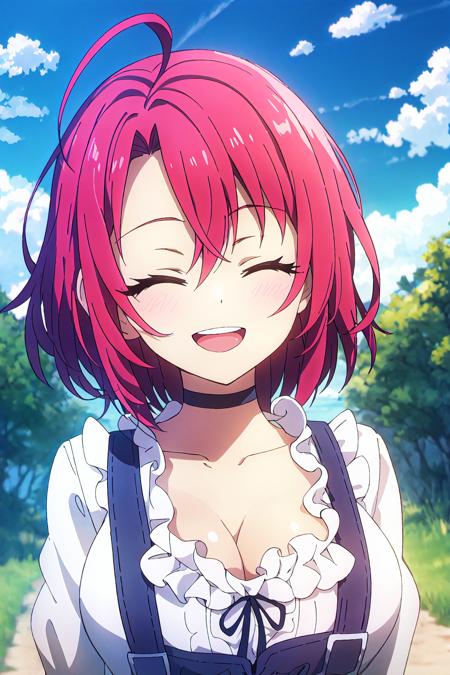 Cow Girl, 1girl,  solo,  breasts,  red hair,  closed eyes,  smile,  choker,  open mouth,  cleavage,  shirt,  white shirt,  upper body,  collarbone,  blush,  sky,  black choker,  frills,  blue sky,  cloud,  teeth,  short hair, upper teeth only,  bangs,  day,  medium breasts,  black ribbon,  facing viewer,  outdoors, medium hair
high quality, best quality, ultra detailed, masterpiece, <lora:EMS-59220-EMS:0.700000>