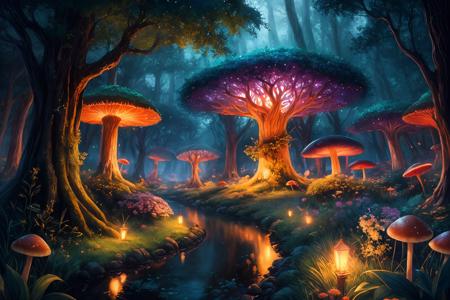 masterpiece, best quality, high quality,extremely detailed CG unity 8k wallpaper, An enchanting and dreamy scene of a fantasy forest, with towering trees, glowing mushrooms, and hidden fairy glens, creating a sense of mystique and enchantment, artstation, digital illustration, intricate, trending, pastel colors, oil paiting, award winning photography, Bokeh, Depth of Field, HDR, bloom, Chromatic Aberration ,Photorealistic,extremely detailed, trending on artstation, trending on CGsociety, Intricate, High Detail, dramatic, art by midjourney