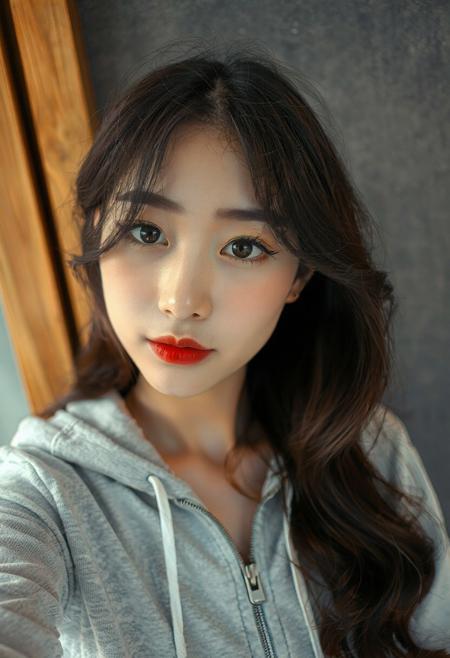 DLSR photograph, slender, beautiful  26 year old korean model . Pale skin, 
lighting<lora:MoriiMee_Gothic_Niji_Style_FLUX:0.3500000000000001> <lora:AsirAsianPhotographyflux:0.7000000000000002>
"A close-up selfie of a young woman with long, dark brown wavy hair. She has fair skin, delicate facial features, and is wearing subtle eye makeup with a touch of pink blush on her cheeks and bold red lipstick. She is wearing a light gray zip-up hoodie. The background is slightly out of focus, showing a textured gray surface and a glimpse of vertical wooden panels in warm tones. The lighting is soft and even, highlighting her features. The overall mood is serene and slightly glamorous."