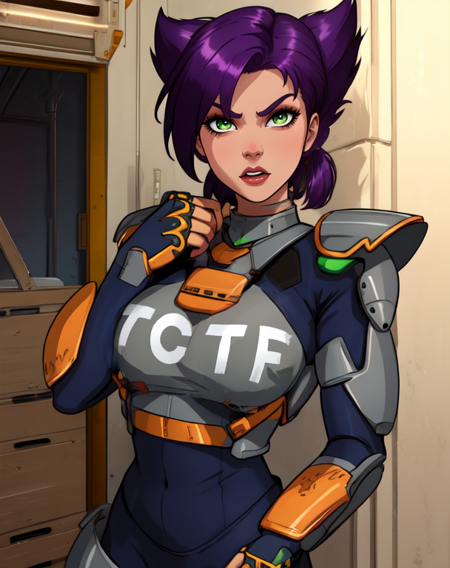 Konoko,pointy  hairstyle,purple hair with bangs,green eyes,wide hair,
standing,TCLF,armor,toned,
bodysuit,grey shoulder pads,fingerless gloves,
station,midnight,science fiction,
(insanely detailed, beautiful detailed face, masterpiece, best quality),<lora:Konoko-10-oniv2:0.9>,