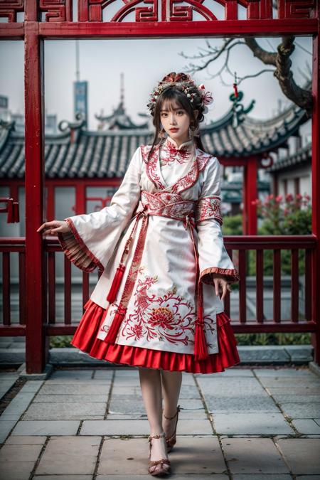 best quality, masterpiece, photorealistic, 1girl, solo, long straight hair, blunt bangs, looking at viewer, full body, hair ornament, cyb dress, chinese clothes, long sleeves, wide sleeves, armband, outdoors, snow, chinese architecture, chinese garden, tree, flower, <lora:add_detail:1>, <lora:cn_style_modern_attire_vol2_style5_v1:0.7>