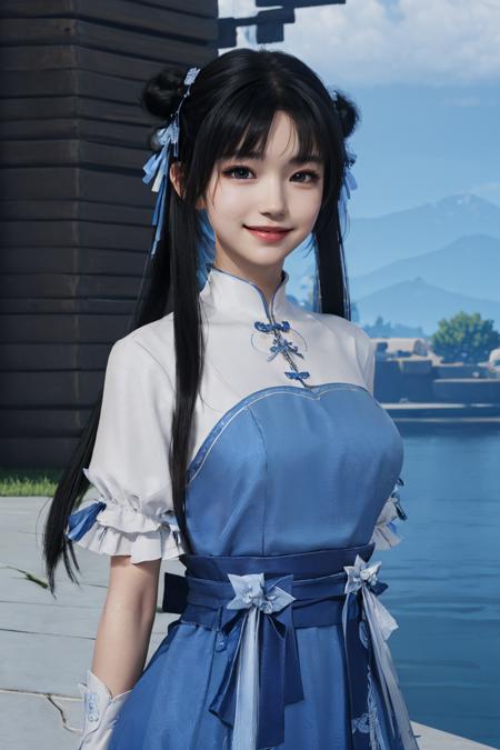 masterpiece,best quality,extremely detailed 8K wallpaper,1girl,zhaolinger,blue and white dress,hair bun,bangs,twintails,black hair,standing,looking at viewer,large breasts,smile,